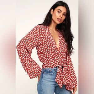 Faithfull the Brand Teguise Red Floral Print Tie-Front Top Size 4 Small